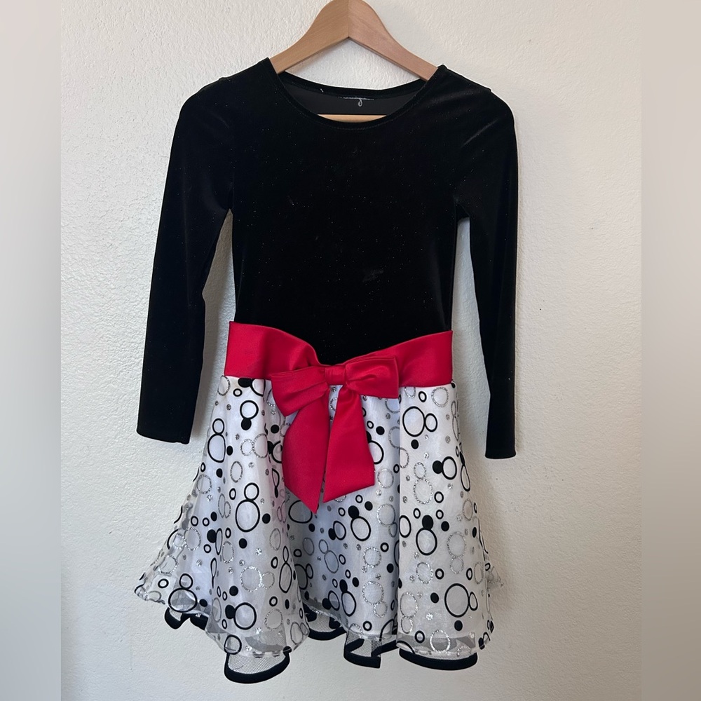 Girls Black and White Dress with Red Bow holiday